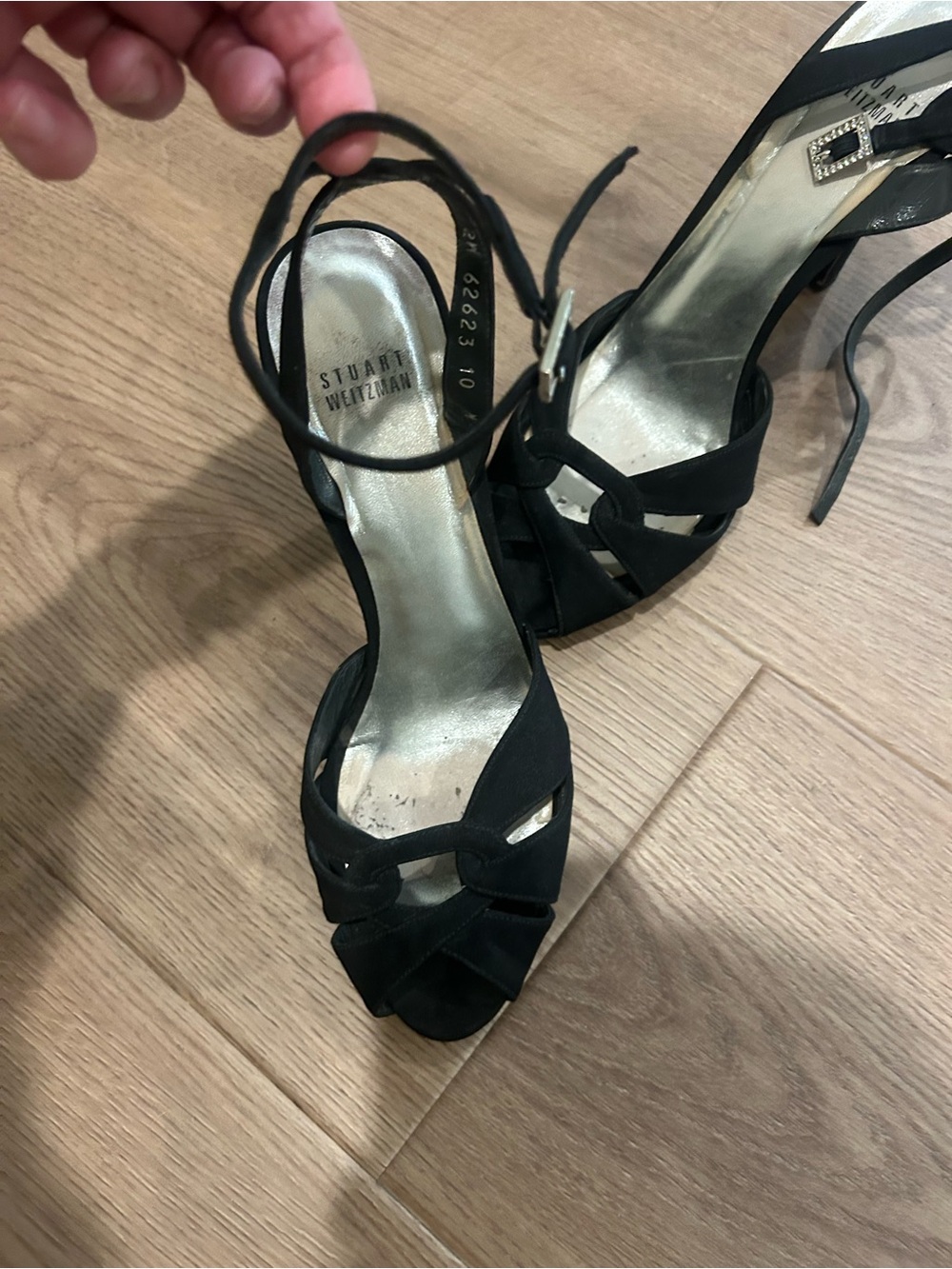 Stuart Weitzman Black Satin Strappy Ankle-Tie Heels